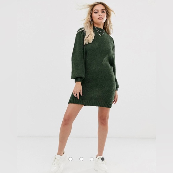 ASOS DESIGN sweater dress with voluminous sleeves in khaki green - Picture 2 of 4